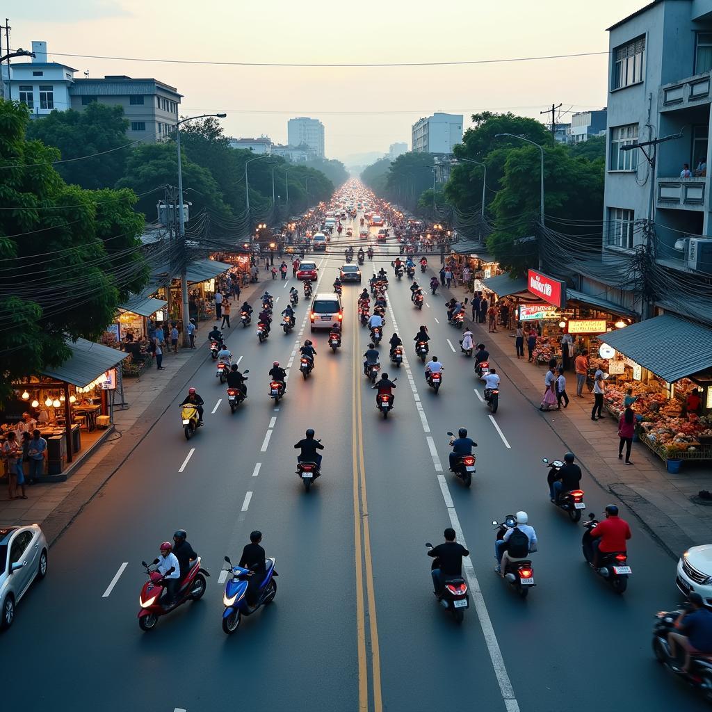 Hình ảnh ngã ba Rạch Bắp Bến Cát Bình Dương nhộn nhịp, công nhân và xe cộ giờ cao điểm.